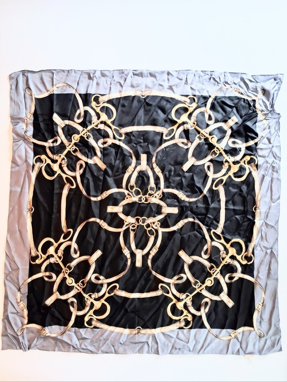 80s Vintage Echo Equestrian Square 100% Silk Scarf Black Grey Gold